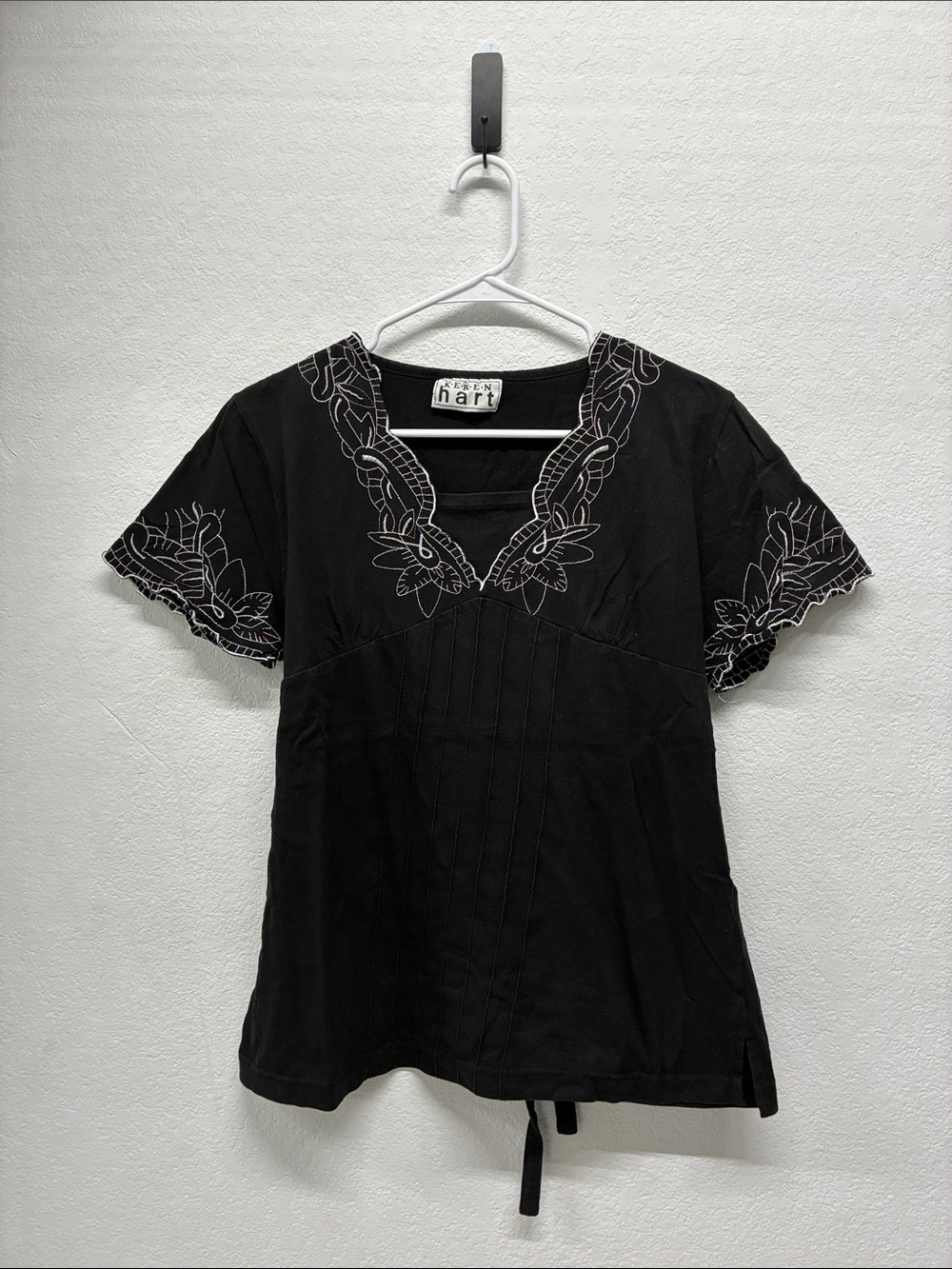 Vintage 90s Keren Hart Embroidered Boho Prairie Top Black Short Sleeve Blouse
